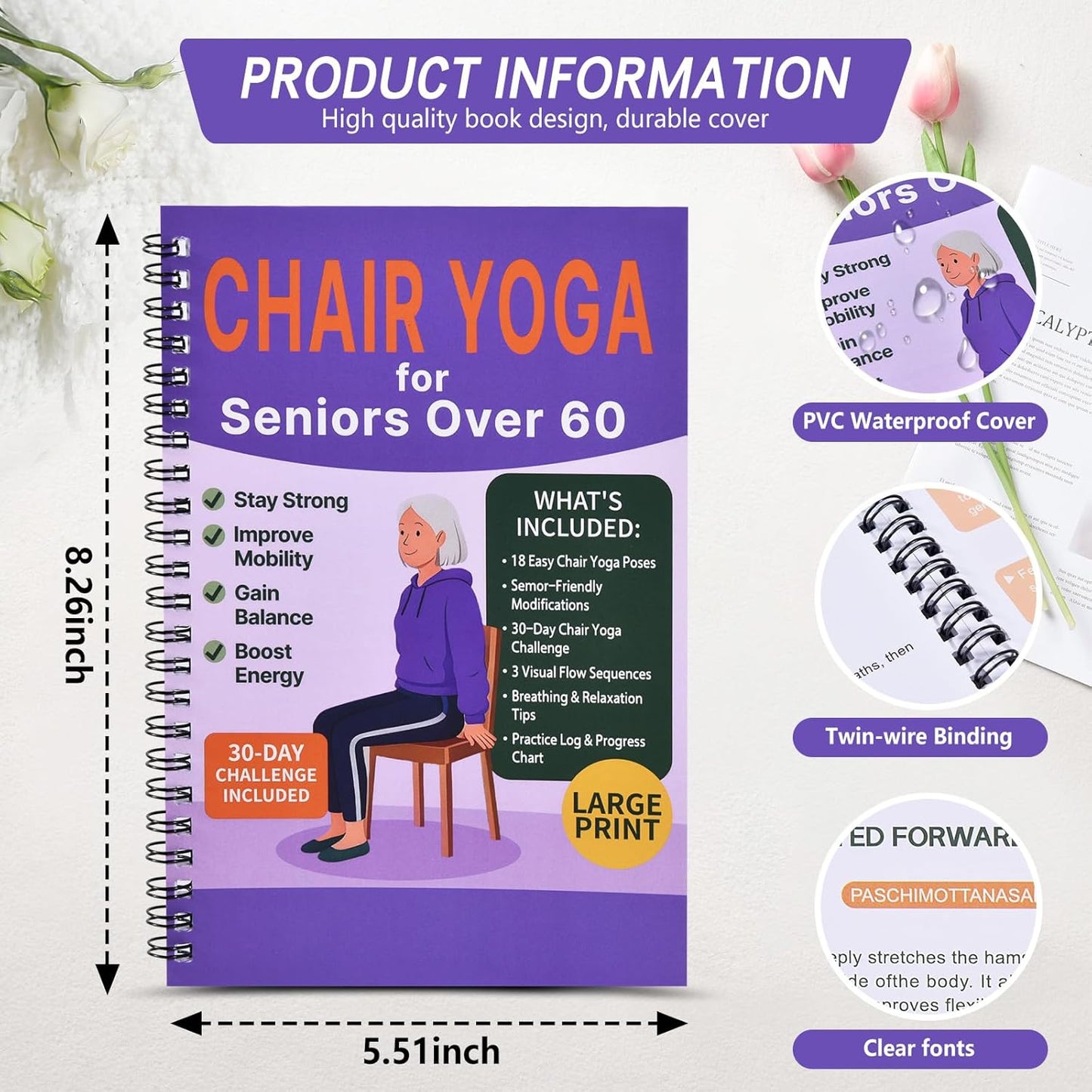 Chair Yoga for Seniors Over 60 Book & Chart – 30-Day Challenge, Gentle Seated Yoga Guide, Chair Yoga for Weight Loss & Flexibility, Senior Chair Exercises for Women & Men，Top Choice for Family Gifts (Purple)