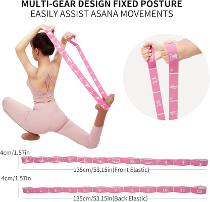 Yoga Blocks 2 Pack with Elastic Stretch Band & Bag – High Density Foam Yoga Blocks for Stability, Deep Stretching & Balance, 12-Loop Resistance Strap for Yoga, Pilates, Dance & Flexibility Training
