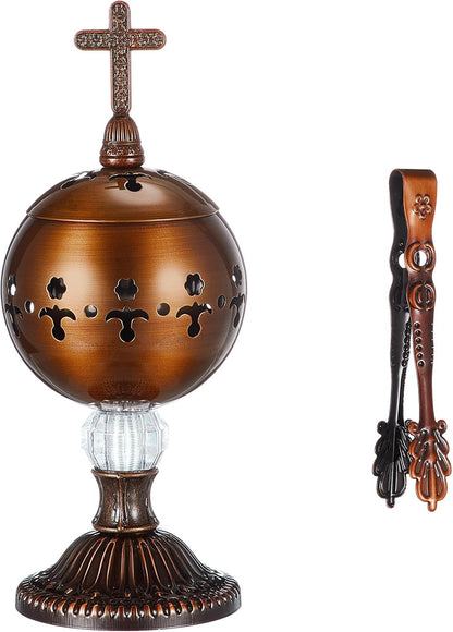 Zonon 1 Set Incense Burner with Tong, Frankincense Charcoal Incense Stand Holder, Ideal for Yoga, Spa, Aromatherapy, Home and Christian Church Censer (Gold,Retro)