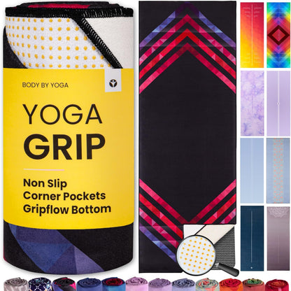 Yoga Grip Yoga Towel - Non Slip Hot Yoga Mat Towel With Corner Pockets, No-Skid Grip, and Built-in Alignment Lines | Soft, Moisture Wicking, and Sweat Absorbent | No Bunching, Stays in Place 72" x 25"