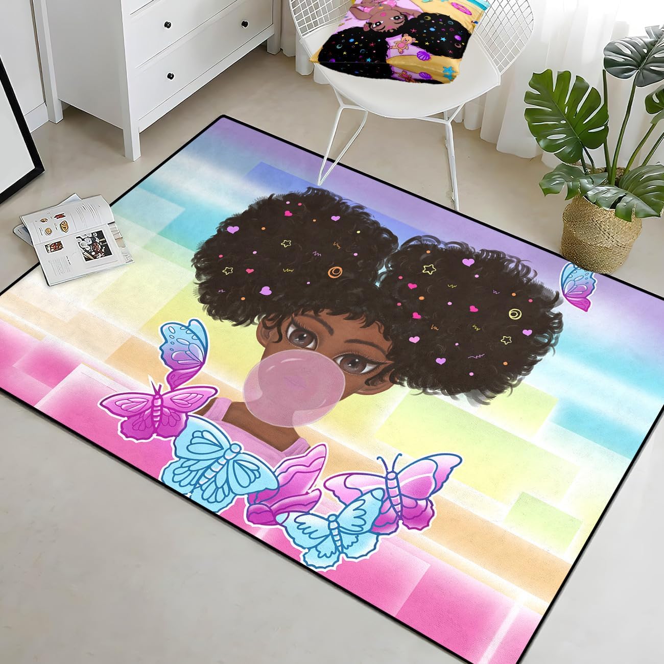 Black Girl Area Rug for Bedroom African Black Girls Floor Rugs for Living Room Playroom Cartoon Art Home Decor Soft Yoga Mats for Women Afro Purple 47" x 31" (2.7 x 3 Feet)