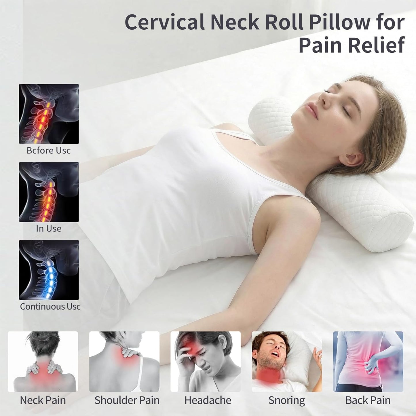 HJAHHSM Neck Roll Pillow, Memory Foam Neck Support Pillow, Round Cylinder Bolster Pillow for Bed, Couch, and Yoga, Removable Washable Cover