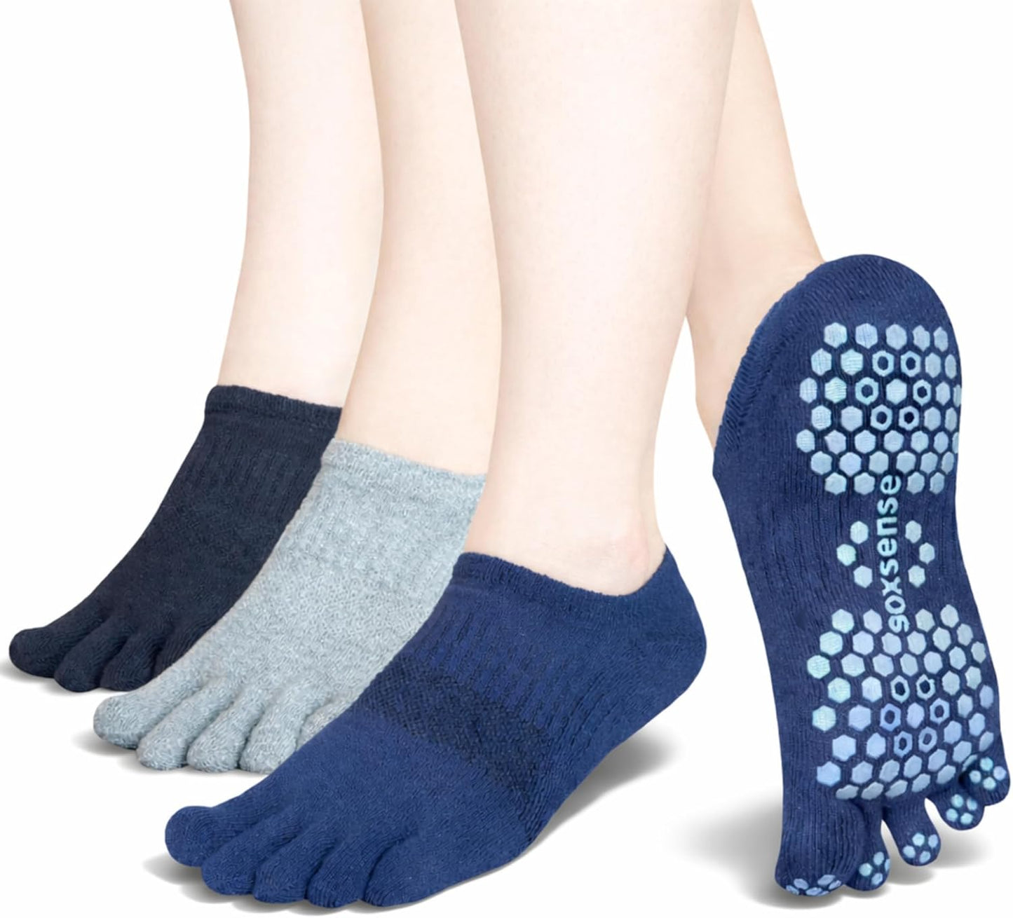 Soxsense Pilates Grip Toe Socks for Women & Men, Cushioned Low-Cut Five Finger Socks Non Slip for Yoga, Barre, Gym