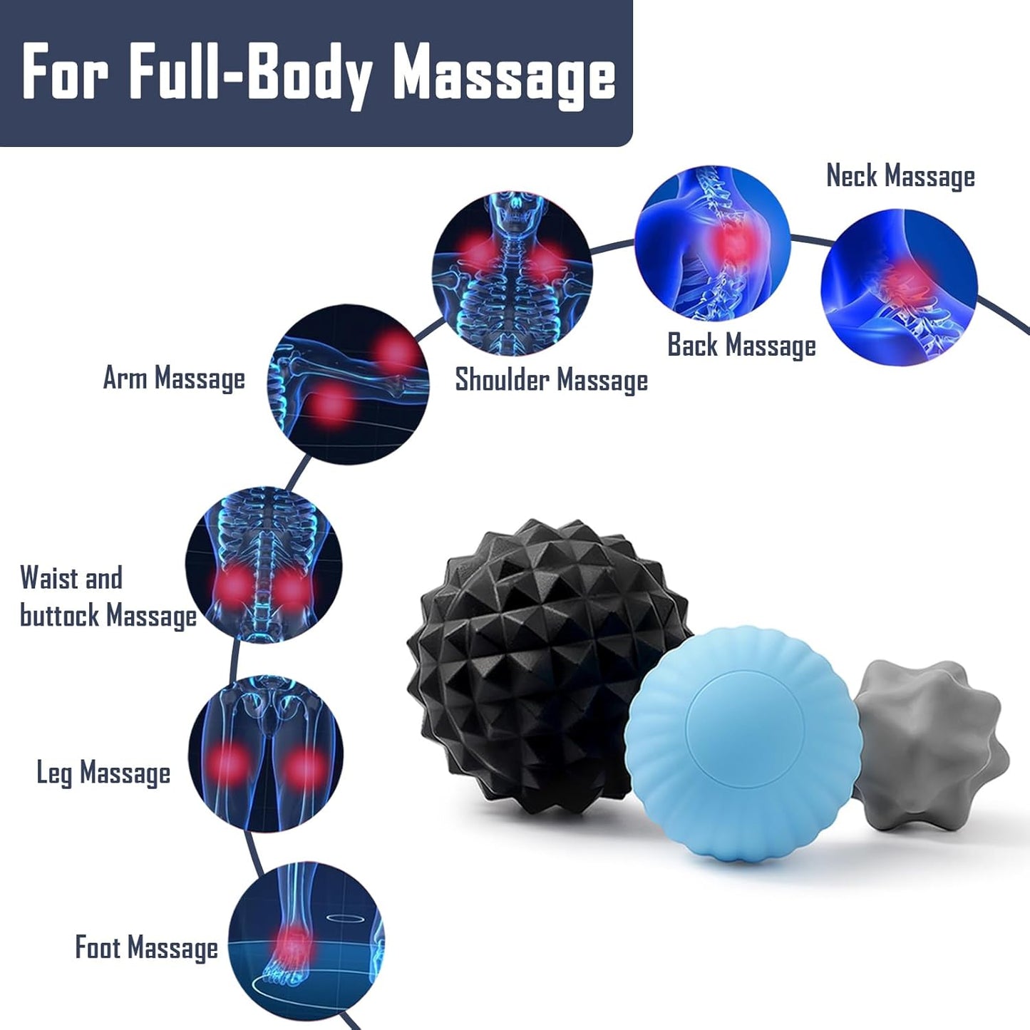 Silicone 3-Piece Massage Ball Set - Peanut, Textured and Spiky Lacrosse Balls to Relieve Tension,Muscle Knots & Plantar Fasciitis with Deep Tissue Release for Foot,Back,Hip,Arm & Legs