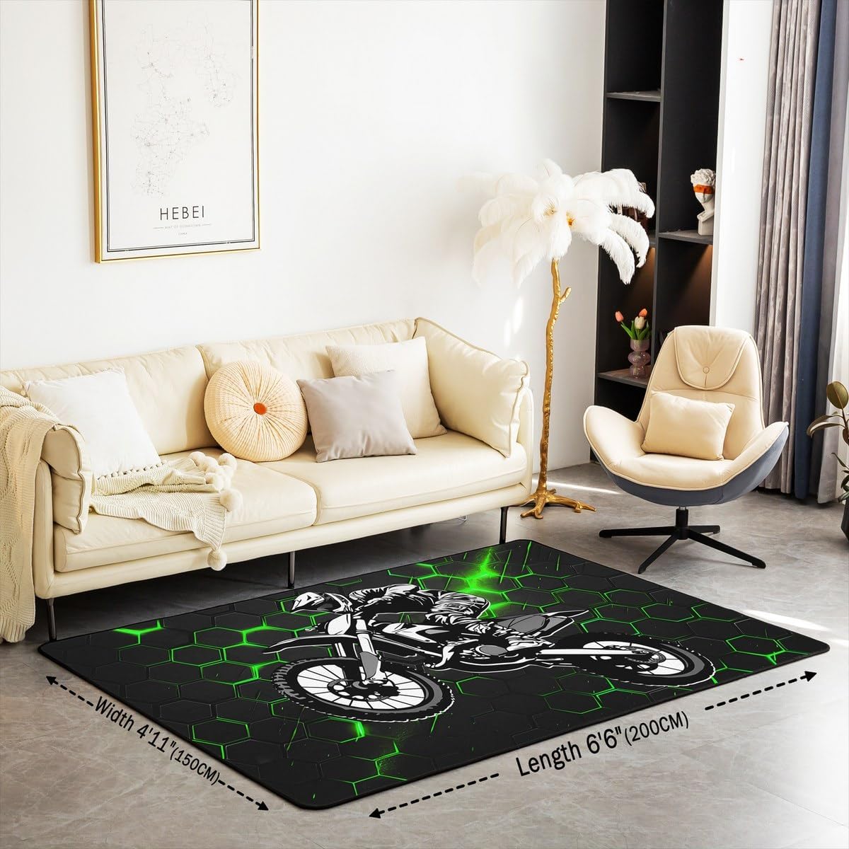 Feelyou Dirt Bike Area Rug 3x5 Kids Extreme Sports Green Honeycomb Living Room Rugs for Bedroom Boys Girls Teens Racing Motocross Rider Decorative Carpet Rug Non-Slip Motorcycle Indoor Floor Mat