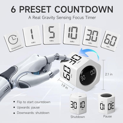 Productivity Timer 1, 5, 10, 30, 60 Minutes Preset, Desk Cube Timer with Gravity Sensor/Mute/Vibration for ADHD, Work, Study, Kitchen, Back to School (Wood Grain)