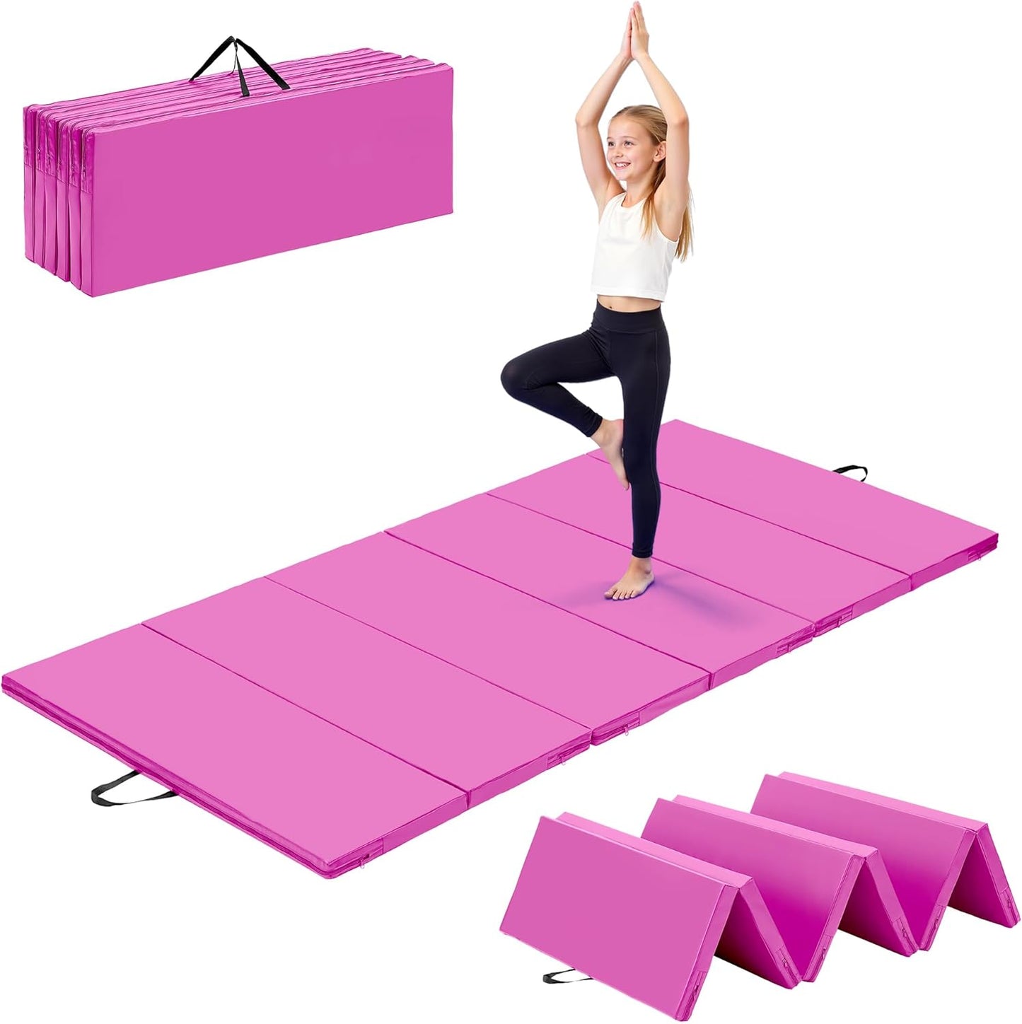 Outdoor Basic 6'x3'x2'' Gymnastics Mats Portable 4-Fold Tumbling Mat Thick Yoga Mat with PU Leather & Carry Handle for Home Workout, Yoga, MMA Core Training, Pilates