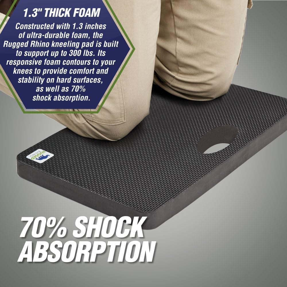 RUGGED RHINO Heavy Duty Patent Pending Kneeling Pad, Shock Absorbent Thick Knee Pads, Holds Up to 300 lbs, Protect Knees from Hard Concrete Surfaces, For Mechanics, Yard Gardening, Gym, Slate Gray