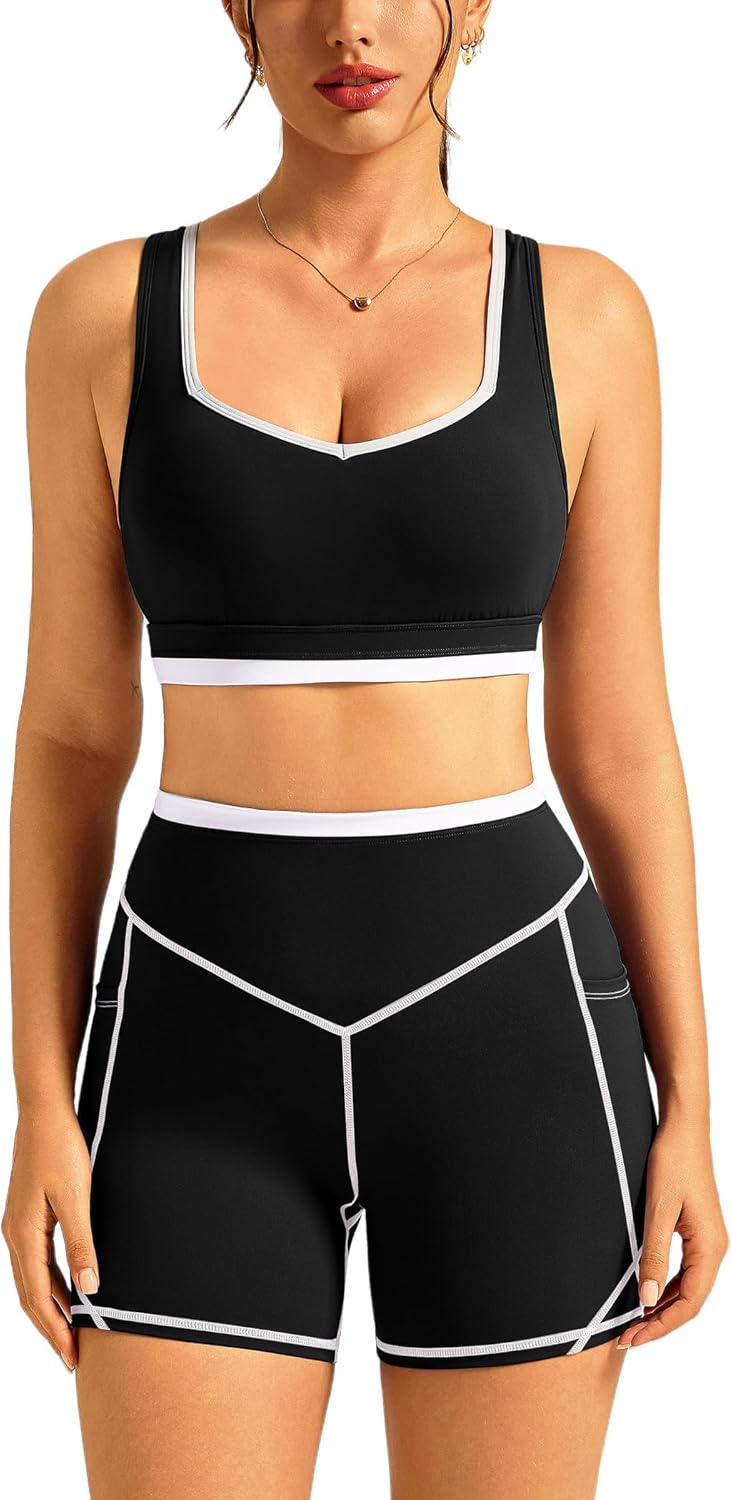 ABOCIW Womens Two Piece Workout Sets Color Block Sports Bra Matching High Waist Biker Shorts Active Gym Yoga Outfits