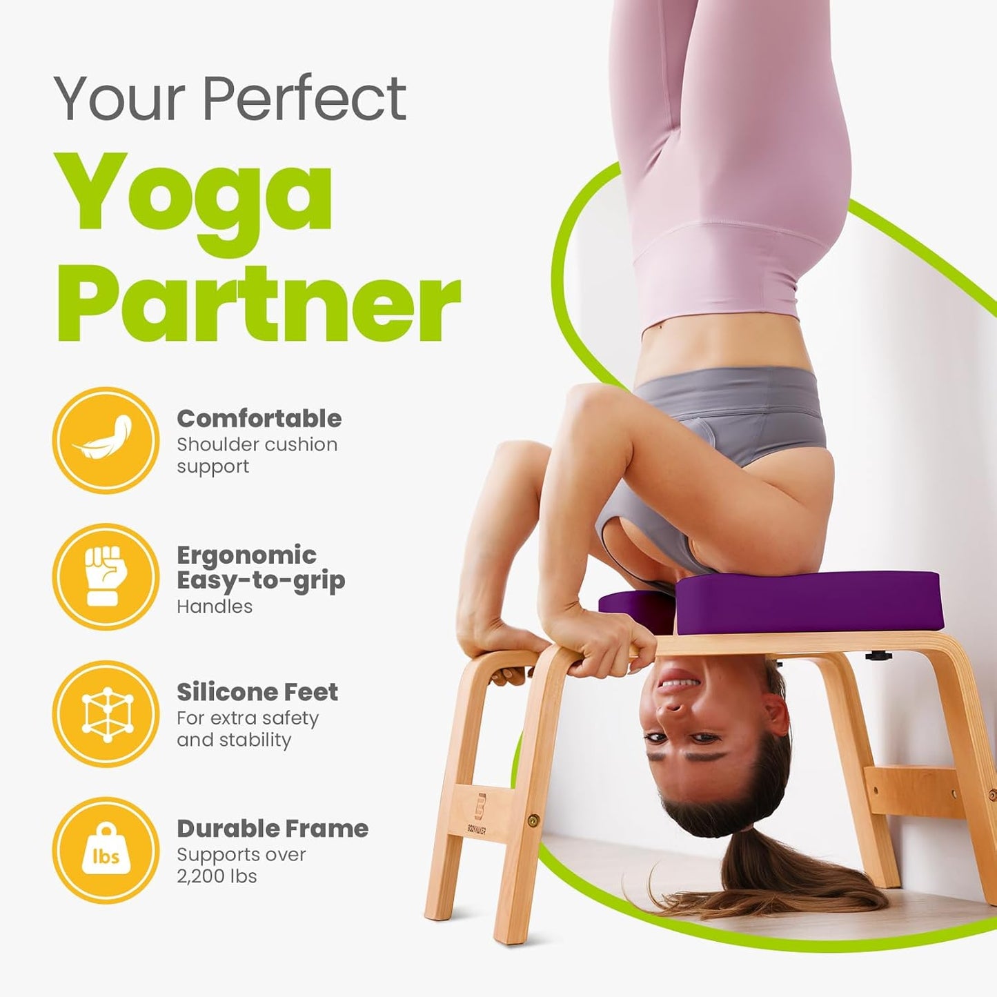 Yoga Headstand Bench, Stand Yoga Chair for Balance Training, Core Strength Building, Upside Down Chair for Relaxation, Handstand Trainer Inversion Chair for Home Gym (Wood White)