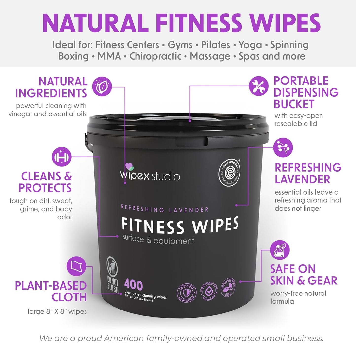 Wipex Yoga Mat Cleaner Wipes, EWG Verified, 400 Ct Plant-Based Lemongrass, Eucalyptus & Vinegar Wipes for Gym & Fitness Equipment & All Purpose Gym Cleaning - Safe for Peloton Bikes & Treadmills