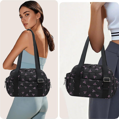 CAMTOP Mini Gym Bag for Women, Small Gym Tote Bag Puffy Quilted Sports Duffel Bag with Wet Compartment and Coin Purse Duffel Bags Dance Yoga Workout Bag for Gifts (All Black, Mini-12.6")
