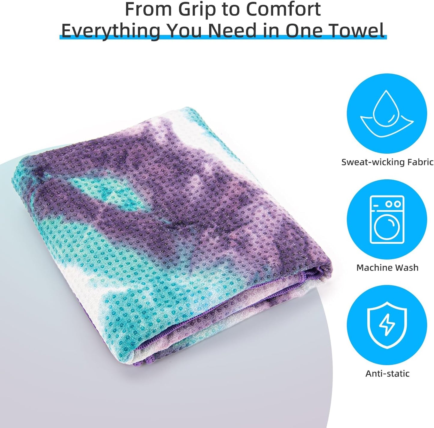 YESLIFE Non-Slip Extra Thick Hot Yoga Towel with One Sweat Towel, Microfiber Sweat Absorbent Yoga Mat Towel with Grip Dot, Pilates Mat, 72" x 24", Light Blue