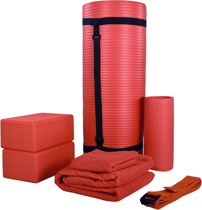 BalanceFrom 7-Piece Yoga Set with 71x24x1 Inches Extra Thick Mat and Carrying Sling – Includes 2 Blocks, Stretch Strap, 2 Towels, and Knee Pad for Home, Studio, and Gym Workouts