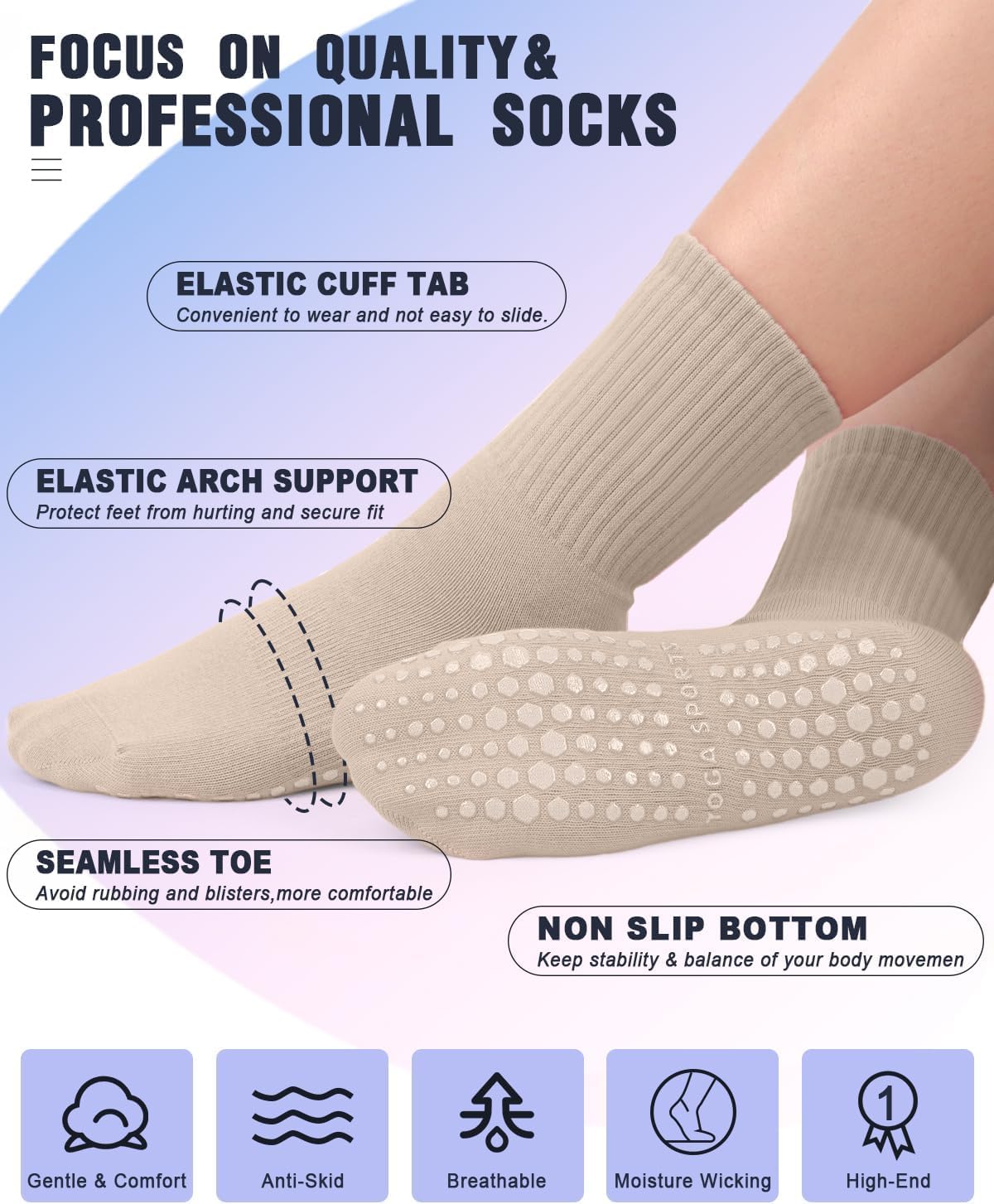 yeuG Pilates Socks for Women Non Slip Grip Socks for Yoga, Barre, Hospital, Barefoot Grippy Yoga Sock Womens Gifts 4 Pairs