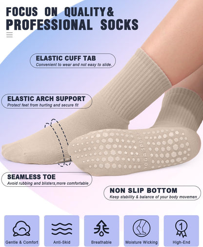 yeuG Pilates Socks for Women Non Slip Grip Socks for Yoga, Barre, Hospital, Barefoot Grippy Yoga Sock Womens Gifts 4 Pairs