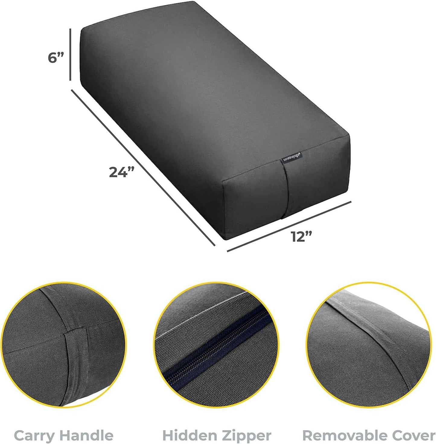 Extra Firm Large Yoga Bolster, 24" x 12" x 6" Cinched OR Zippered Yoga Pillow, Rectangular Cotton Cushion With Removable Cover for Studios, 1 Pack or 2 Pack