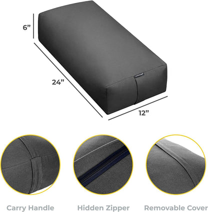 Extra Firm Large Yoga Bolster, 24" x 12" x 6" Cinched OR Zippered Yoga Pillow, Rectangular Cotton Cushion With Removable Cover for Studios, 1 Pack or 2 Pack