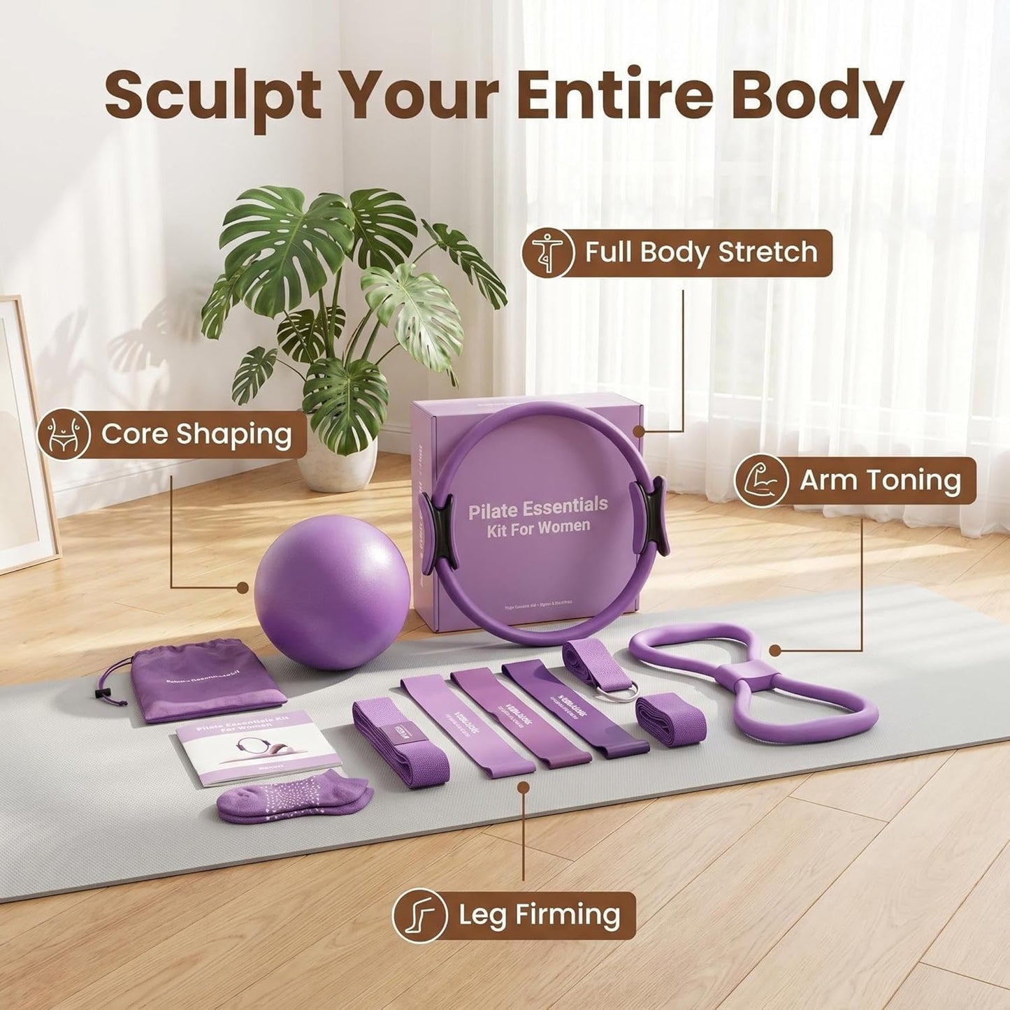 13/15Pcs Pilates Kit for Women, Pilates Equipment for Home Workouts with Magic Circle, Ball, Resistance Bands, Pilates Starter Set for Strength, Toning and Flexibility