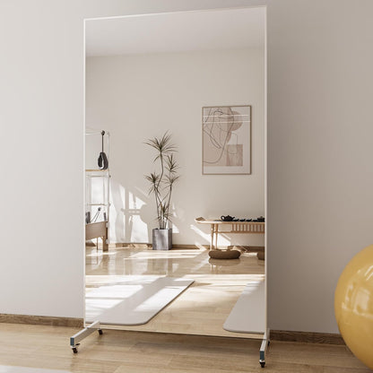Full Length Floor Mirror with Wheels, Super Lightweight Glassless Shatterproof Film Mirror, Rolling Mirror for Home Gym, Dance Studio, Yoga Room, 67×20Inch, White