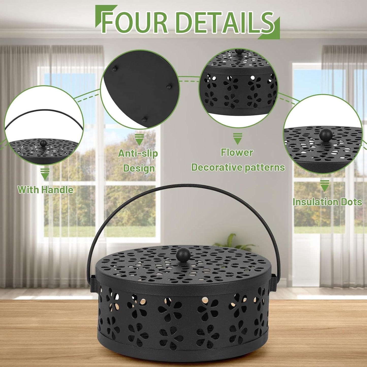 Portable Iron Mosquito Coil Holder with Handle Round Heat-Resistant Incense Holder (Bronze)