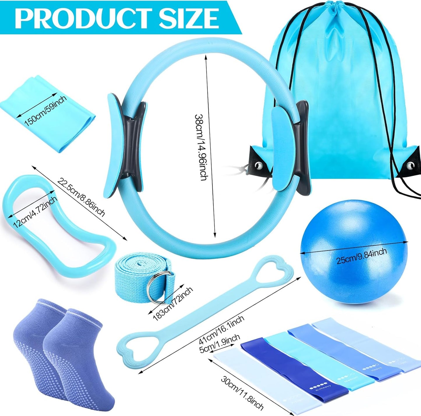 RoundFunny Pilates Ring Circle Set 18 Pcs Exercise Equipment Accessories for Women Workouts Pilates Ball Stretching Strap Magic Circle Yoga Ring Gym Back Bag Resistance Band Anti Slip Socks