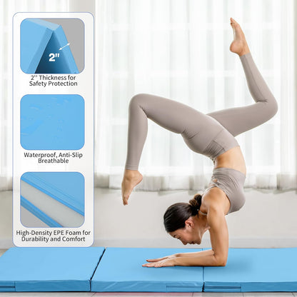 Outdoor Basic 6'x3'x2'' Gymnastics Mats Portable 4-Fold Tumbling Mat Thick Yoga Mat with PU Leather & Carry Handle for Home Workout, Yoga, MMA Core Training, Pilates