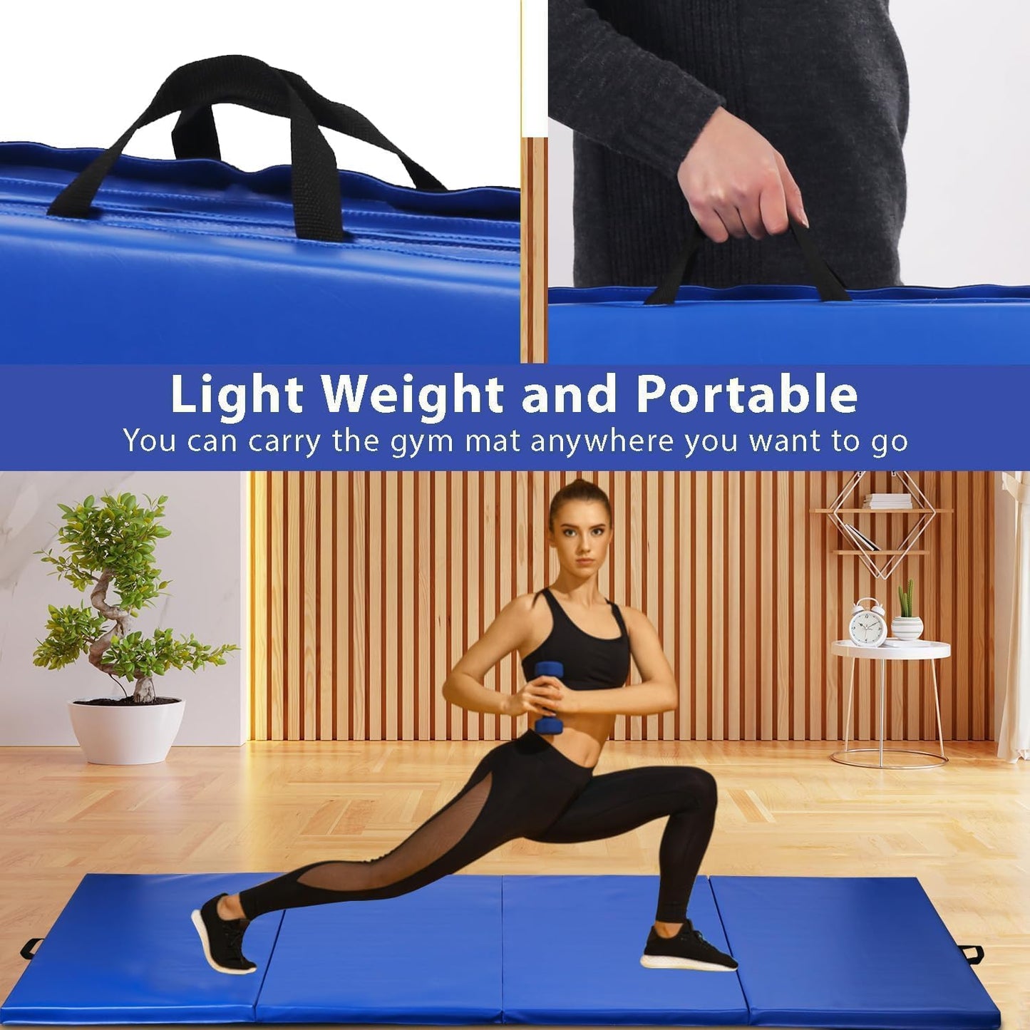 Gymnastics Tumbling Mat Portable Gymnastics Mat Foldable Tumbling Mat 2ft W 6ft L/4ft W 6ft L/4ft W 8ft L/4ft W 10ft Exercise Mat Yoga Mat with Carrying Handles for Yoga Gymnastics