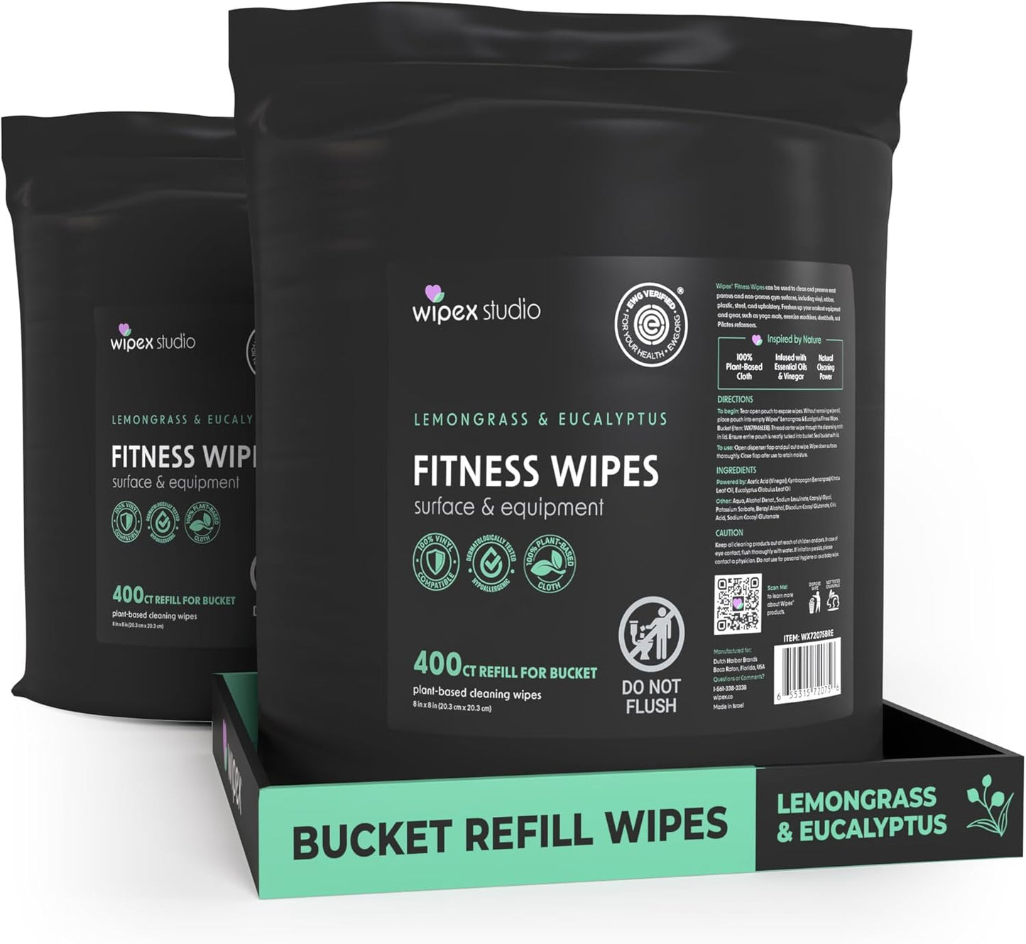 Wipex Fitness Wipes Bucket Refill Roll - EWG Verified - Plant-based Fitness Equipment Wipes, Lemongrass, Eucalyptus & Vinegar to Clean Surfaces, Yoga Mat & Gym Cleaner and Peloton Bikes, 400 Count