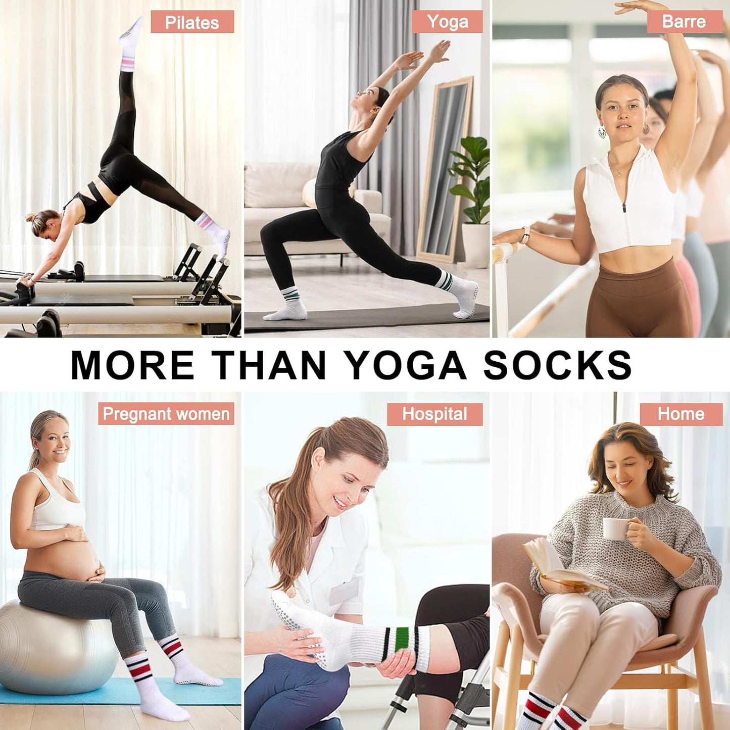 Toes Home Pilates Socks for Women with Non Slip Grippers, Yoga Crew Socks for Barre Hospital Sticky Slipper Socks 4 Pairs