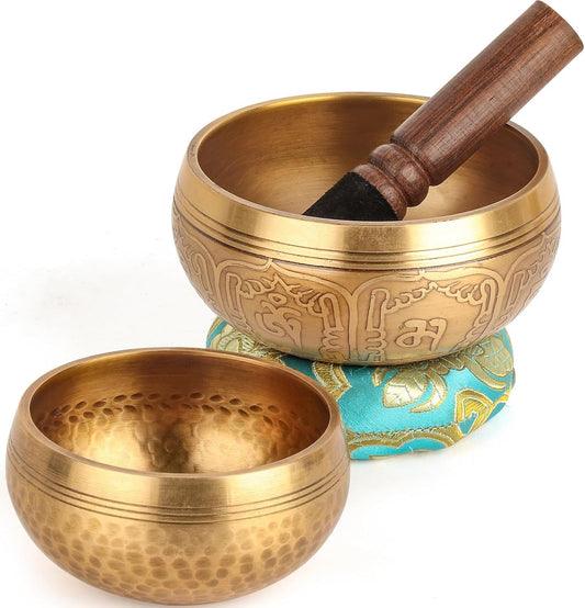 Relaehih 2-Pack Tibetan Singing Bowls Set - 100% Handmade in Nepal, Sound Bowl Meditation Set for Yoga, Chakra Healing, Meditation Gifts, Unique Gifts for Women (Blue, 3.15 + 4 inch)