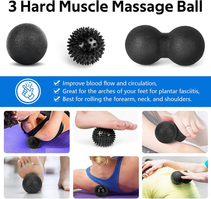 7 in1 Foam Roller Set for Deep Tissue Muscle Massager - High Density Back Roller, Muscle Roller Stick, Resistance Bands, Foot Massage Ball, Stretching Strap for Exercise, Whole Body Physical Therapy