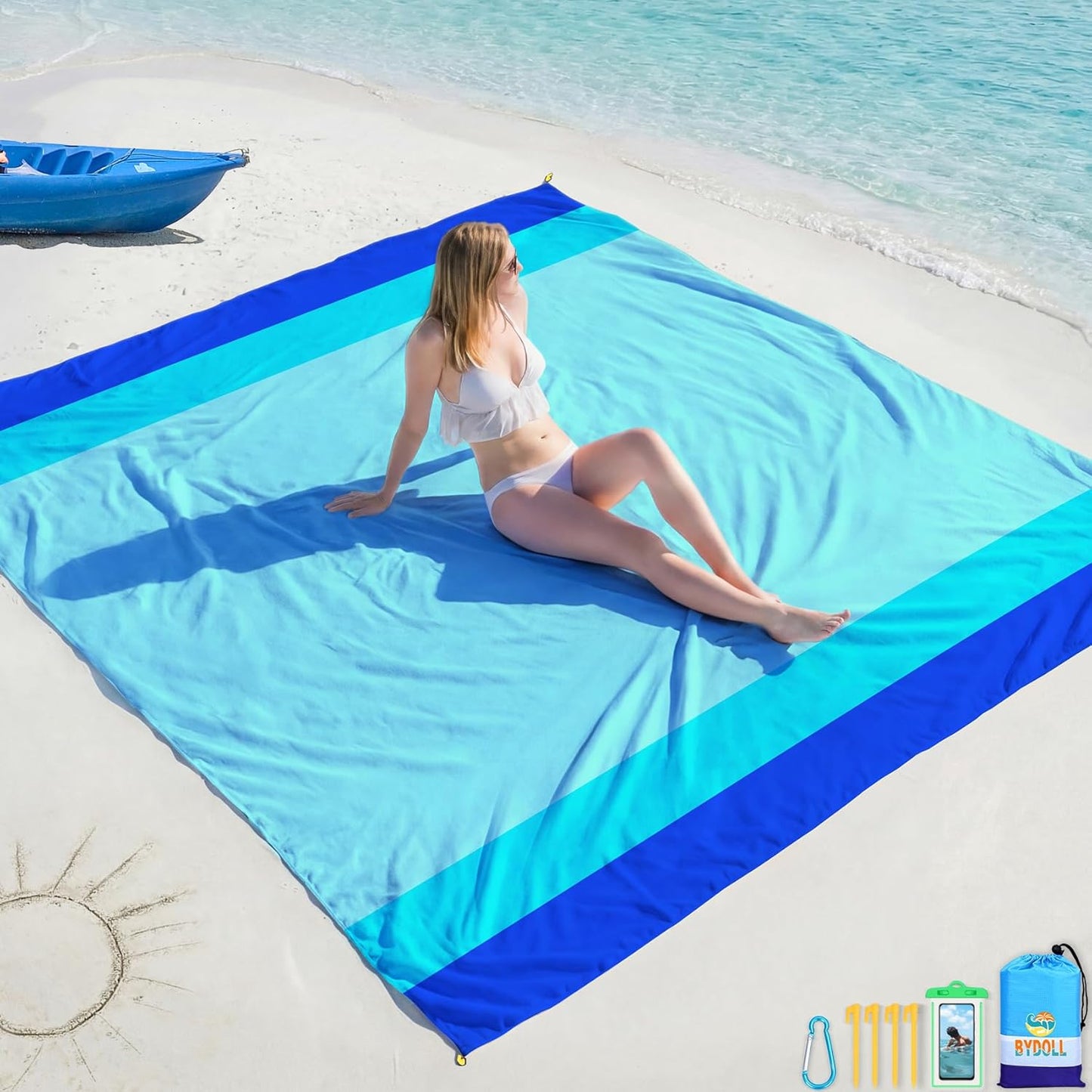 BYDOLL Beach Blanket Waterproof Sandproof Large Sand Free,78''X81''/10'X9' Oversized Sandless Lightweight Blanket Picnic Mat for Beach Travel Camping Hiking with Stakes