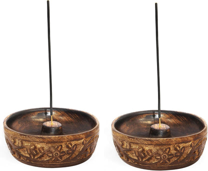Sheesham Wood Incense Burner Holder - Set of 2 Coffin Style Sun Moon Inlay Handmade Aromatherapy Room Freshener Fragrance Cone Incense Stick Burner Ash Catcher - Zen Home Gift - 12x2x2 - COTTON CRAFT