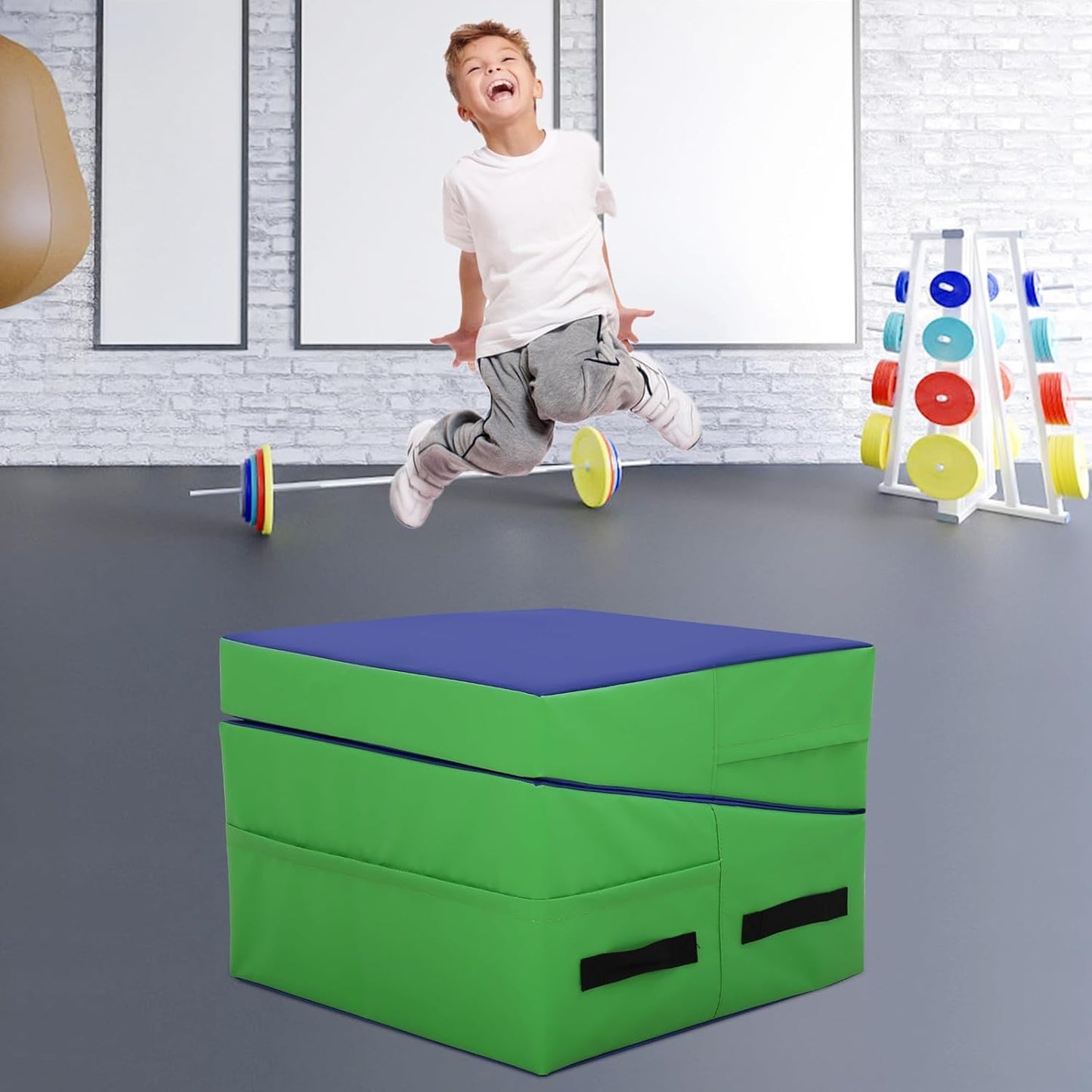 Gymnastics Mat 34”X24”X14” Incline Tumbling Mats for Home Gym, Folding Exercise Mat Cheese Wedge Mat with Non-Slip PVC Surface & Handles for Kid Adults Workout