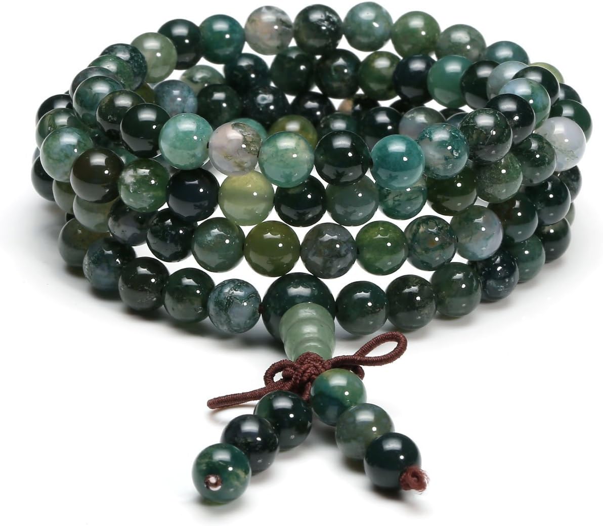 Jovivi 108 Mala Beads Bracelet 6mm 8mm Natural Indian Agate/Green Moss Agate Gemstone Healing Crystal Stone Beaded Bracelet Hand Knotted Prayer Mala Beads Necklace for Yoga Meditation Balance