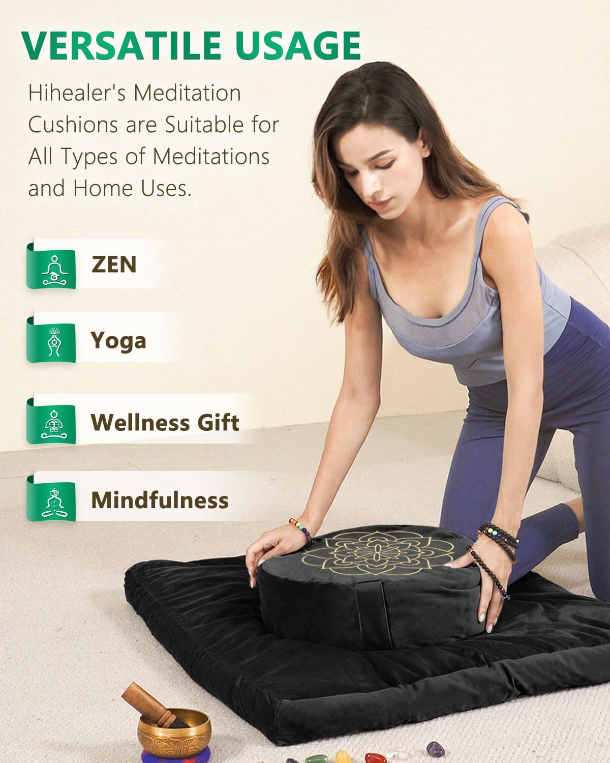 Hihealer Meditation Cushion, Traditional Tibetan Meditation Pillow Velvet Cover - Large Floor Cushion Seating for Adults - Yoga Buckwheat Bolster for Women、Moms