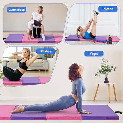 Outdoor Basic 6'x3'x2'' Gymnastics Mats Portable 4-Fold Tumbling Mat Thick Yoga Mat with PU Leather & Carry Handle for Home Workout, Yoga, MMA Core Training, Pilates