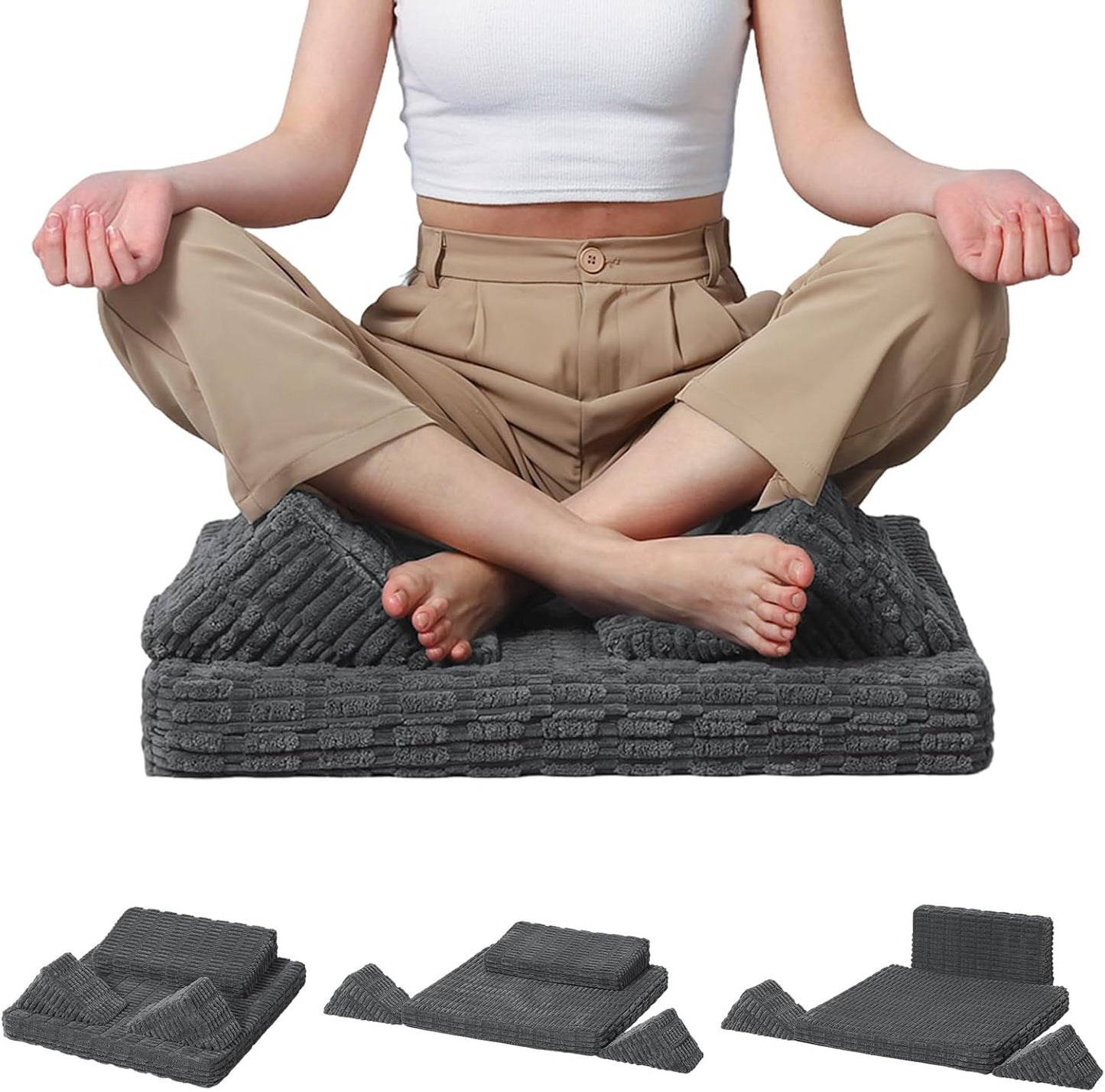 Meditation Cushion Set, Meditation Pillow for Sitting on Floor, Large Yoga Pillow with Knee Support, Washable Zafu Meditation Mat, 3 Shapes Floor Pillow for Adults, Dark Grey
