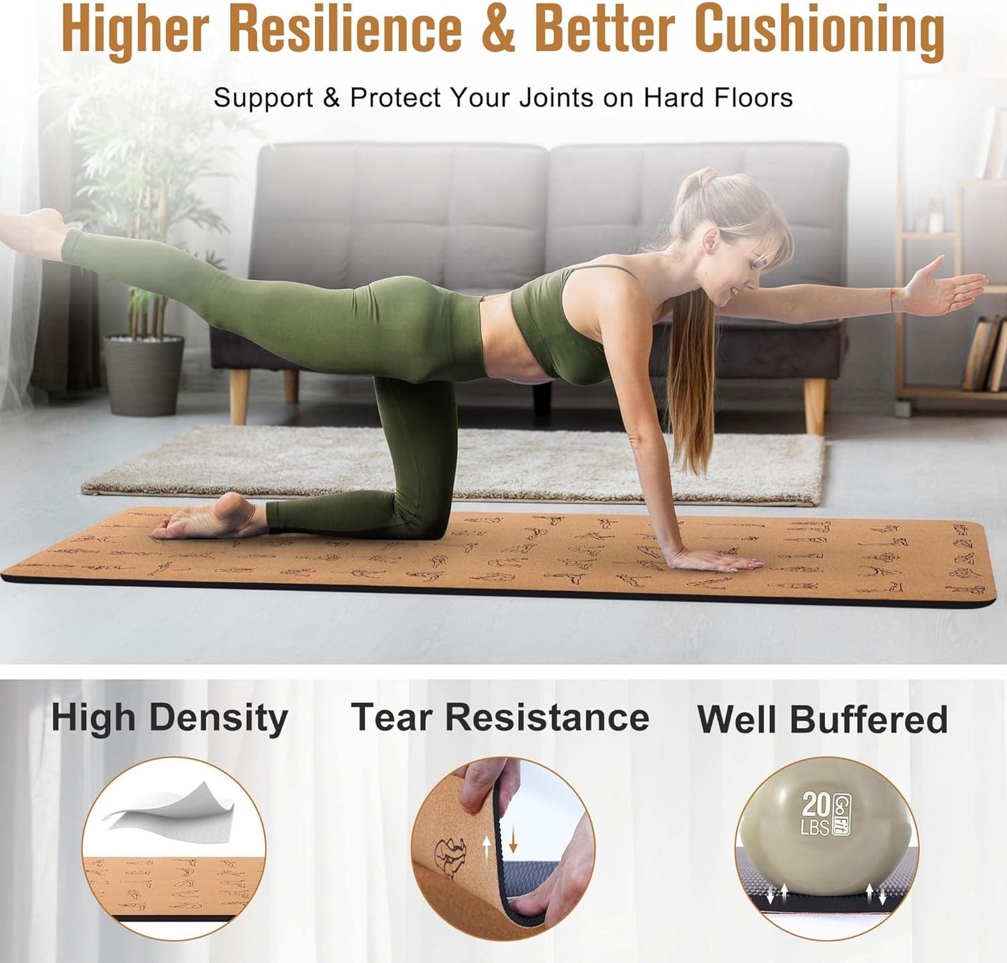 Premium Cork Yoga Mat 1/4 & 2/5 Inch Thick 72 x 26 in, Thick Cork and TPE Non Slip Yoga Mats for Women Men, Sweat Proof Eco-friendly, Great for Hot Yoga & Workouts