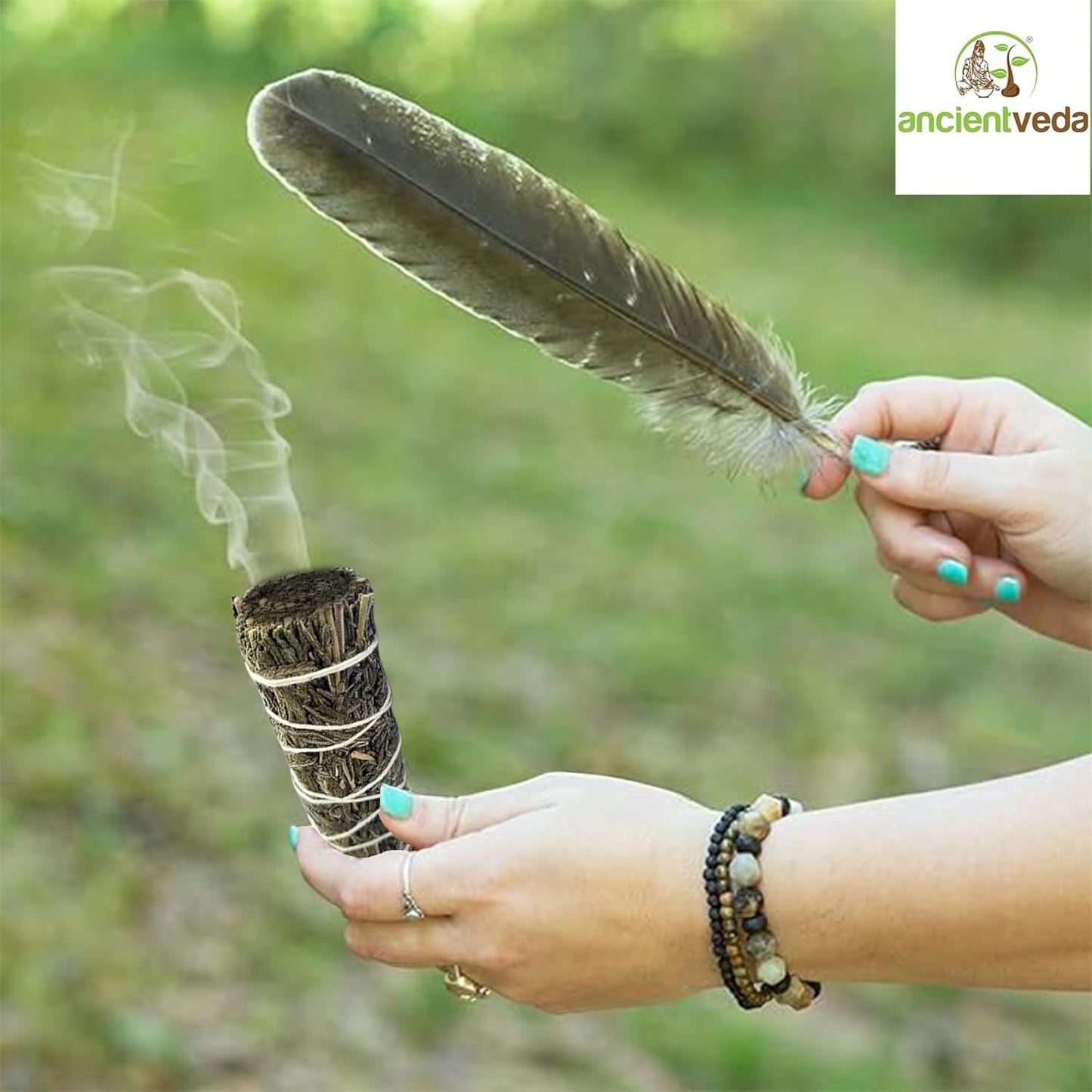 Ancient VEDA Organic Smudge Kit – Yerba Santa, Palo Santo, Sweetgrass Braid, Feather & Smudge Guide | Home Cleansing Kit for Meditation, Yoga, Energy Healing & Gift (Starter Kit, Yerba Santa Sage)