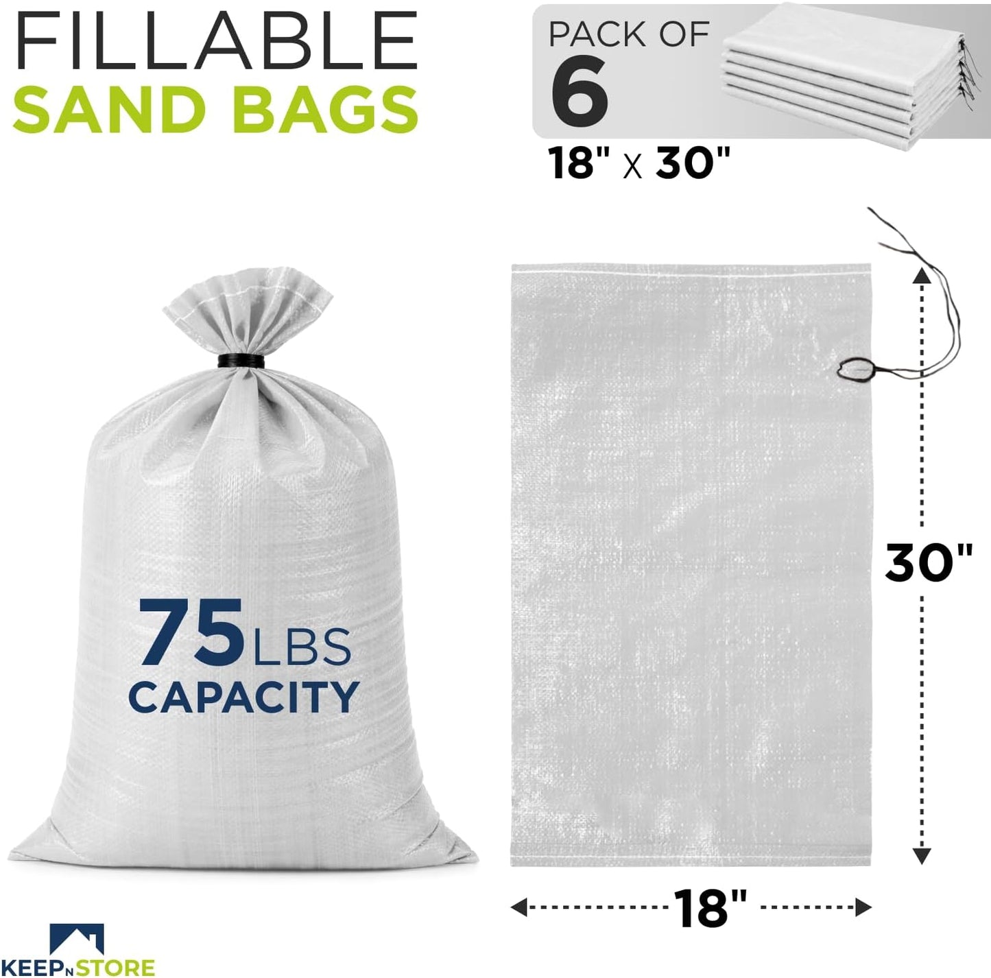 Heavy Duty Sand Bags Pack of 3, White Empty Sandbags with Built-In Ties, Woven Polypropylene UV Protection 1600 Hours, Fillable Sand Bags for Flood Control, Weight, 10x14 inches, 15 Pounds Volume