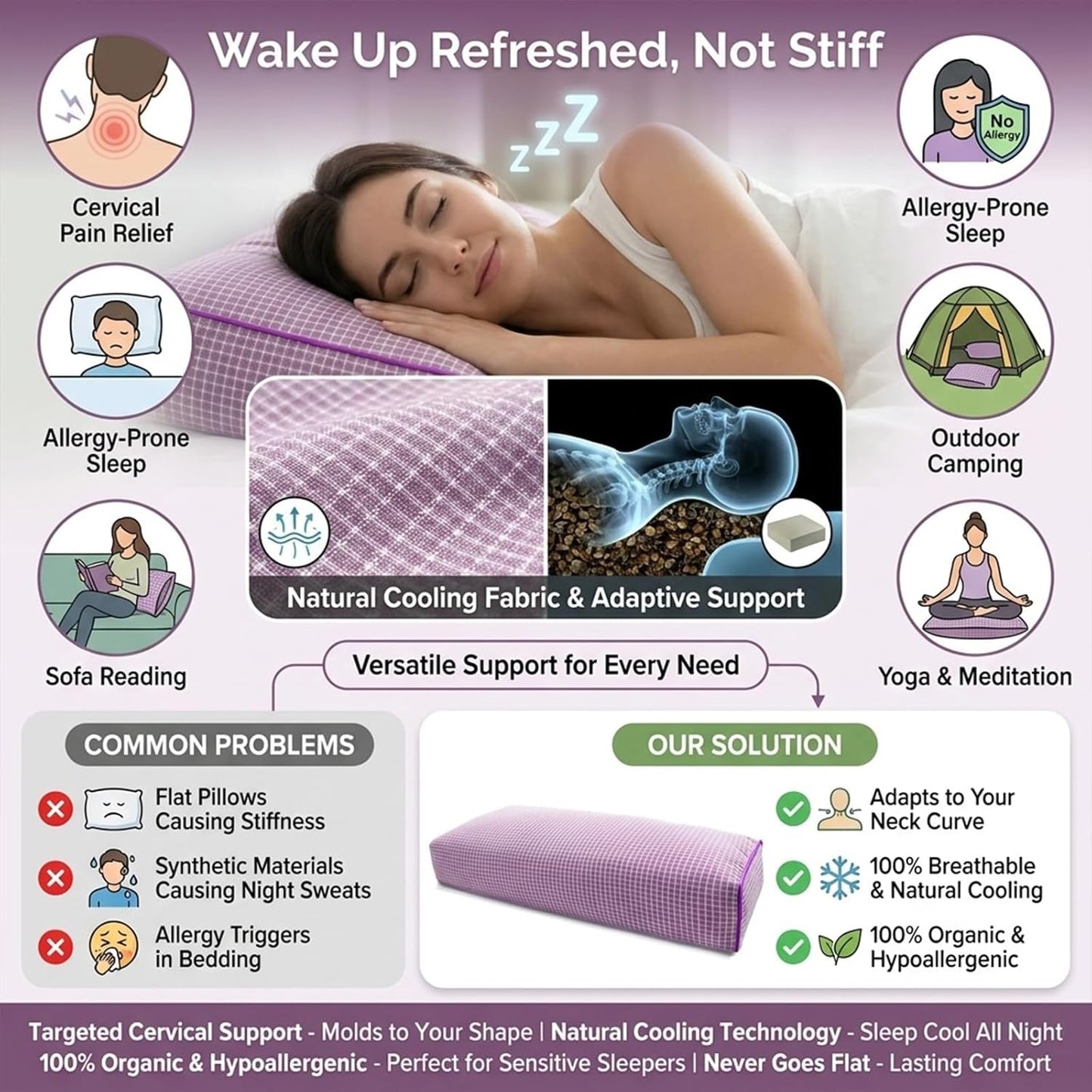 Adjustable Buckwheat Hull Pillow for Neck Pain Relief (21x8x4in) Natural Cooling Cervical Support Organic Pillow for Side & Back Sleepers with Night Sweats (Grey)