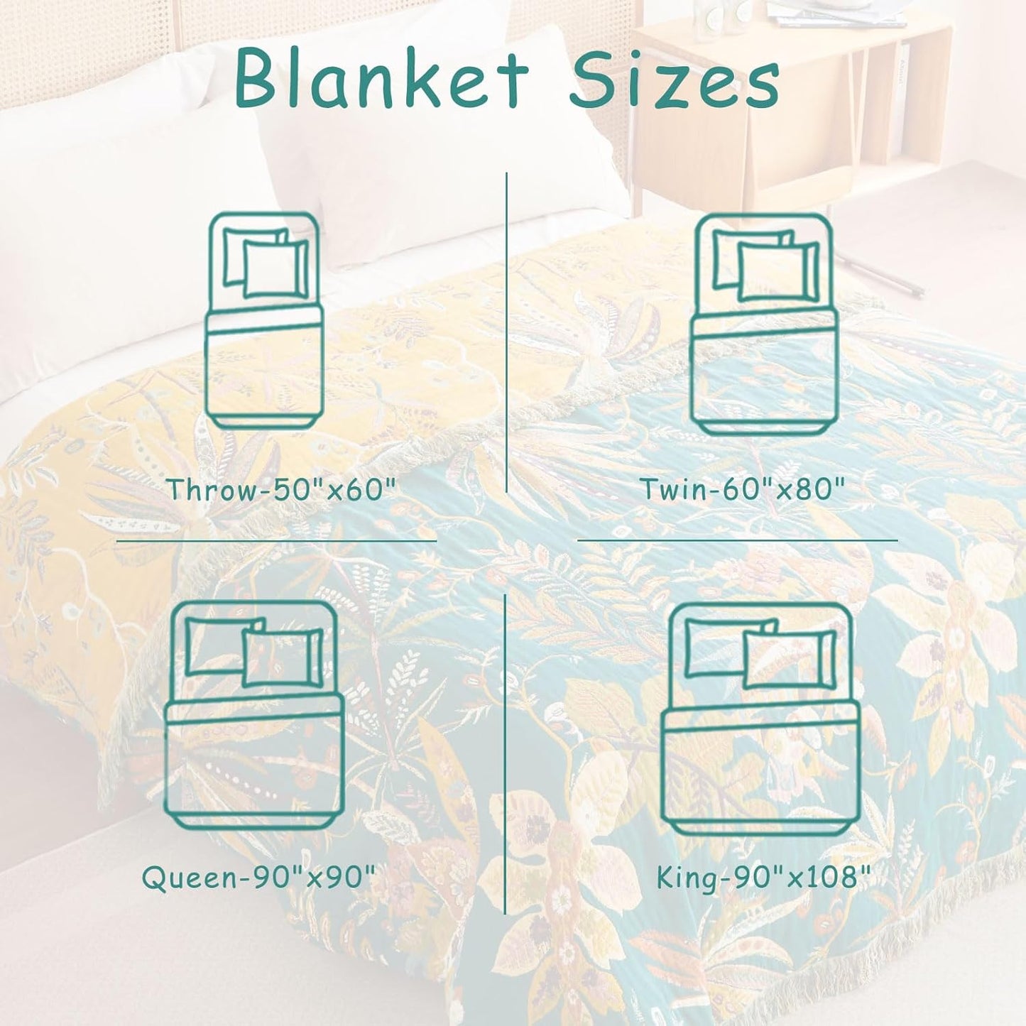 Boho Throw Blanket - 100% Cotton Soft Summer Throw Blanket for Bed, 50"x60" Reversible Breathable Lightweight Blankets, All Seasons Farmhouse Decor Floral Plant Butterfly Throw Quilt