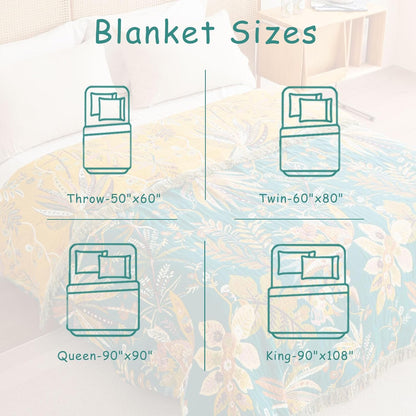 Boho Throw Blanket - 100% Cotton Soft Summer Throw Blanket for Bed, 50"x60" Reversible Breathable Lightweight Blankets, All Seasons Farmhouse Decor Floral Plant Butterfly Throw Quilt