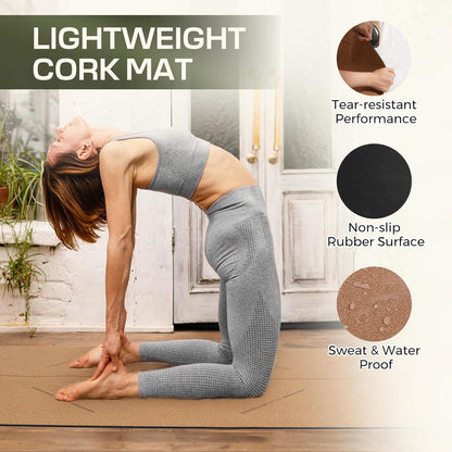 U&M Cork Yoga Mat Non-Slip, Resists Sweat and Odors Exercise Mat with Carrying Strap for Hot Yoga, Pilates, Floor & Fitness Workouts, Fitness Mats Non-Slip Natural Rubber Base & Cork Mat (72'' x 26'' x 5mm Thick)
