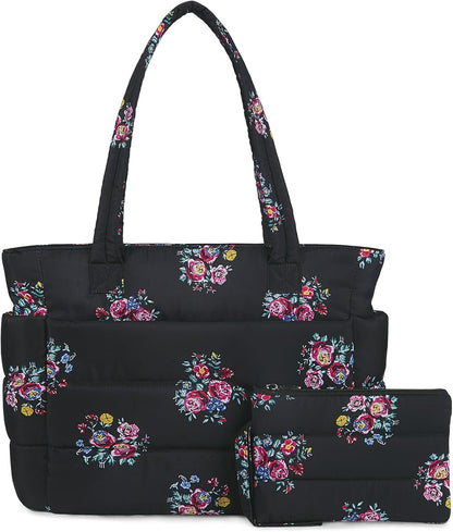 TOPDesign Puffer Tote Bag for Women, Lightweight Puffy Handbag with Compartments, Quilted Shoulder Bag for Work, Travel, Gym - Colors A
