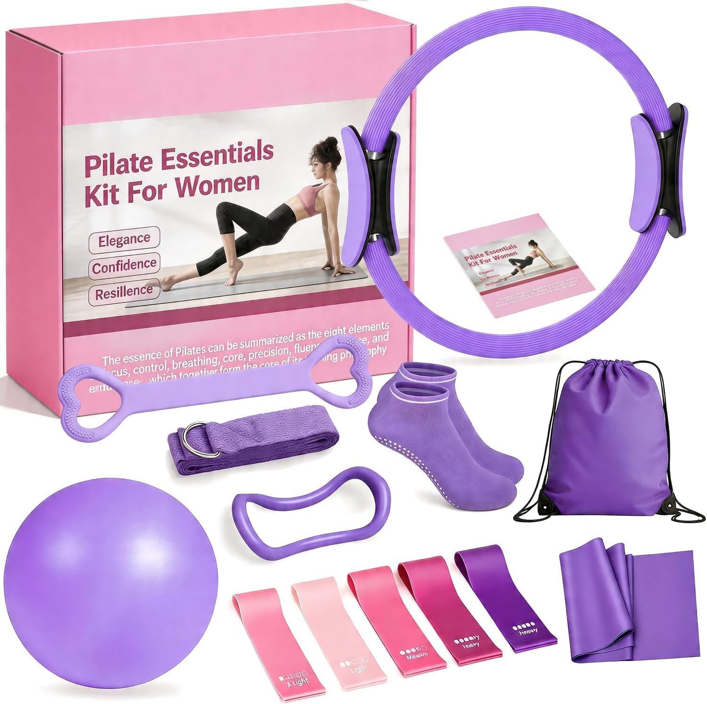 13/15Pcs Pilates Kit for Women, Pilates Equipment for Home Workouts with Magic Circle, Ball, Resistance Bands, Pilates Starter Set for Strength, Toning and Flexibility