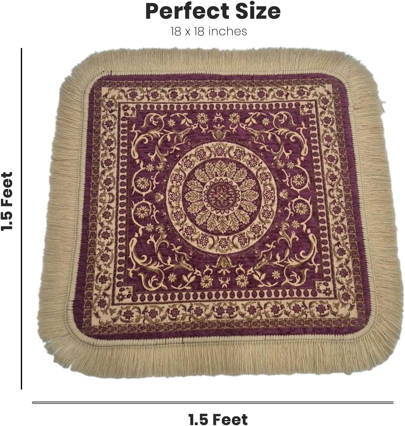 Soft Chenille Prayer Mat | Traditional Mandala Floral Pooja Aasan with Golden Fringes | Multipurpose Square Rug for Meditation, Yoga, Puja Room & Home (Red, 2x2 Feet)