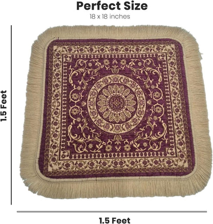 Soft Chenille Prayer Mat | Traditional Mandala Floral Pooja Aasan with Golden Fringes | Multipurpose Square Rug for Meditation, Yoga, Puja Room & Home (Red, 2x2 Feet)